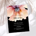 Jour d'anniversaire de budget floral noir de pêche<br><div class="desc">Une invitation moderne, élégante et glamour pour une fête d'anniversaire de 50ème (ou tout âge). Arrière - plan de couleur noire, décoré d'une grande pêche et d'une fleur violette à l'eau. Le nom est écrit avec un script de style manuscrit de mode. Personnalisez et ajoutez les détails de votre fête....</div>