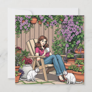 Jour de détente   Femmes avec café, chats et Plant