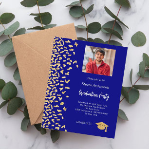 Jour de graduation marine bleu or photo invitation