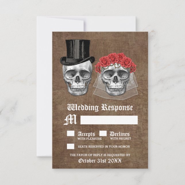 Jour de la mort Couple crâne mariage RSVP cartes (Devant)
