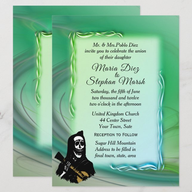 Jour des Mort Misty Green Wedding Invitations (Devant / Derrière)
