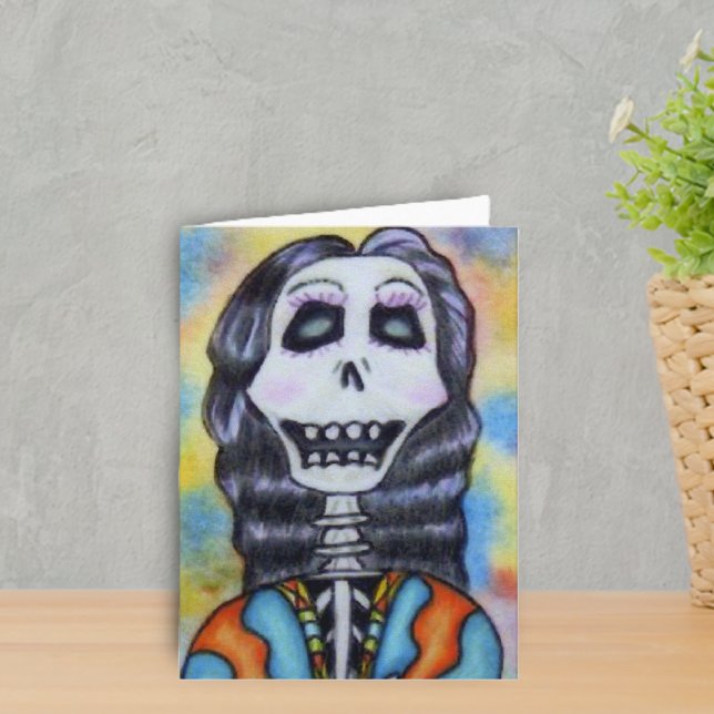 Jour du carte pour notes mort (Day of Dead happy Lady Skeleton in orange and blue on colourful Halloween notecard.)