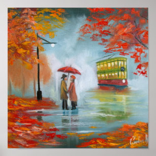 Jour pluvieux automne tableau de tramway parapluie