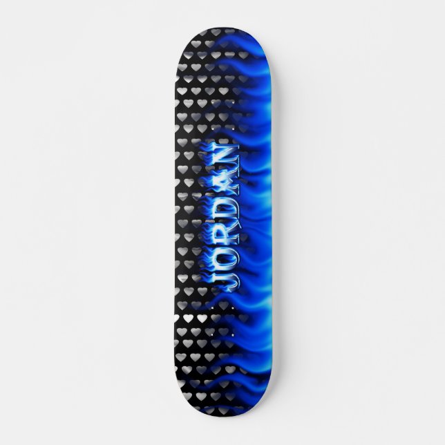 Jourdain skateboard bleu feu et flammes design. (Devant)