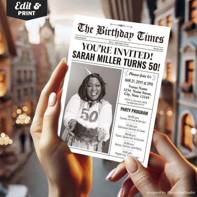 Journal 50e anniversaire de fête Invitation et pro (50th Birthday Newspaper Invitations with Program)