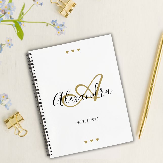 Journal à monogramme initial en écriture dorée bla (Elegant Monogram White Gold Script Initial Name Notebook)