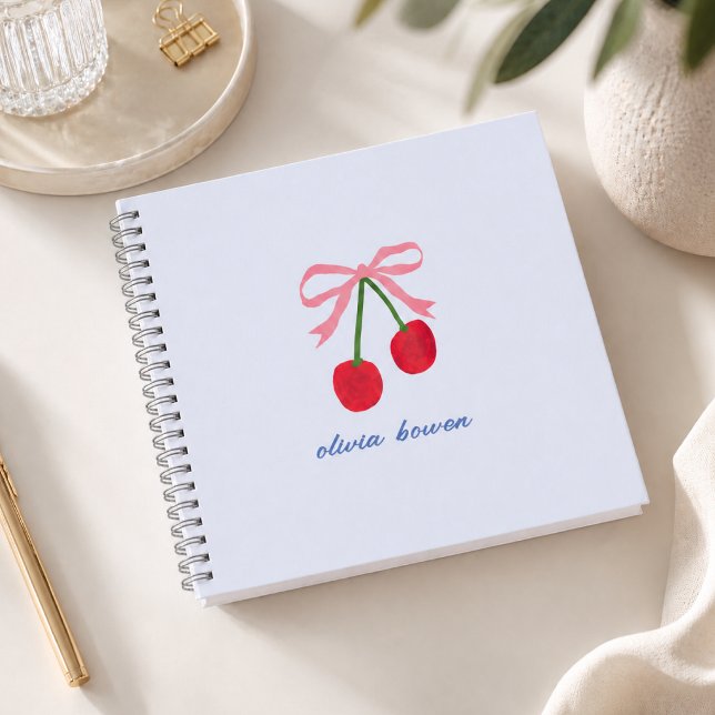 Journal à reliure | Nœud coquet cerise Mignon (A cute design notebook with coquette bow and cherries, perfect for journalling or gifting)