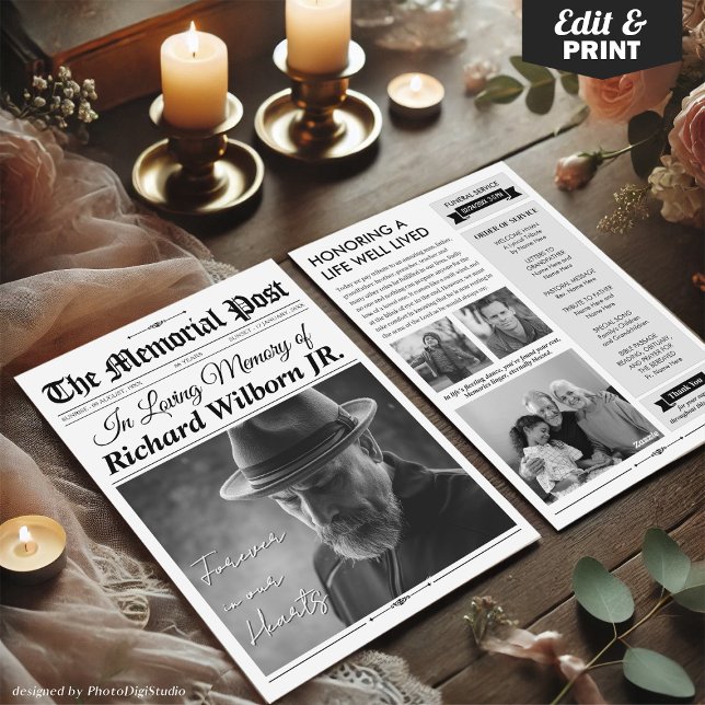 Journal de deuil personnalisé avec programme et ca (Custom Newspaper Funeral Program Card, Photo Memorial Card)