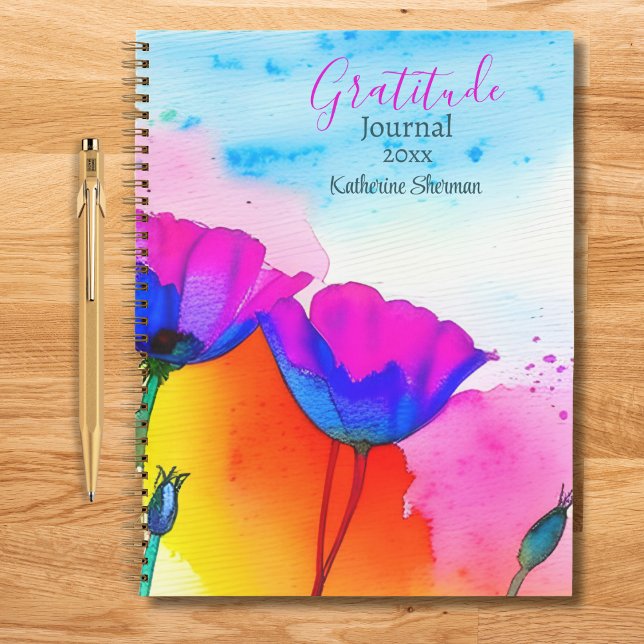 Journal de gratitude aquarelle fleurs de pavots (Gratitude Journal: A powerful tool for self-improvement. Write down 3 items daily.)