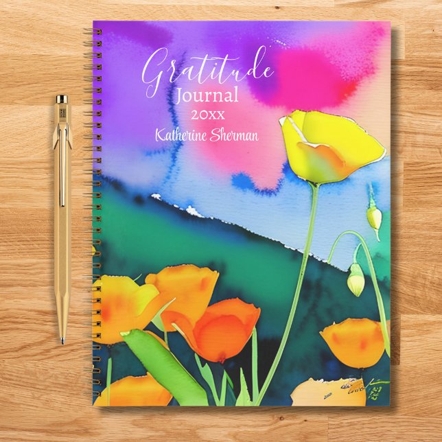 Journal de gratitude aquarelle floral pavots rose (Gratitude Journal: Start your day with a positive attitude. Write down 3 items daily. Add your name.)