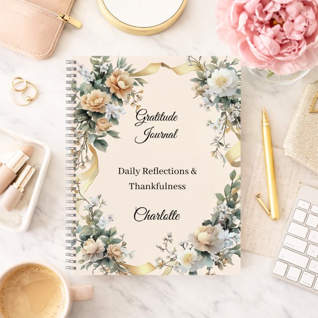 Journal de gratitude ruban doré fleurs crème flora (Créateur téléchargé)