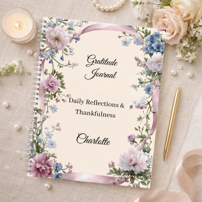 Journal de gratitude ruban rose fleurs crème (Créateur téléchargé)