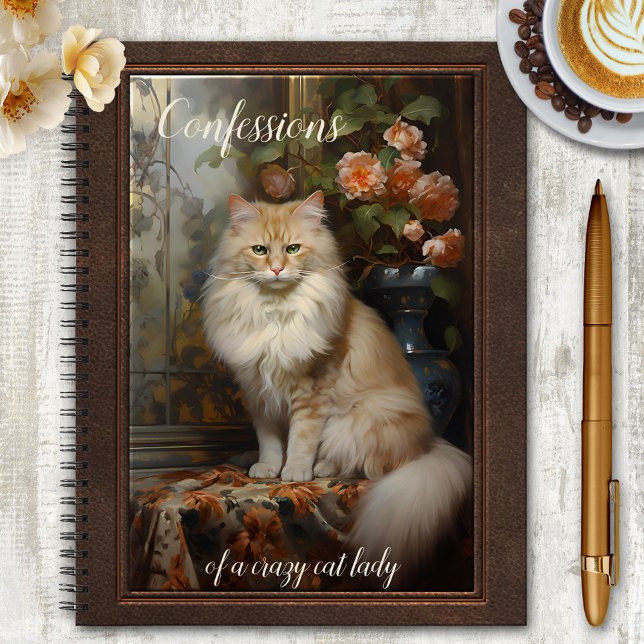 Journal de la dame du chat fou vintage (Notebook featuring a vintage painting of a long haired cat with roses. Crazy cat lady diary)
