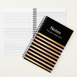 Journal de notes rayé or et rose avec nom personna
