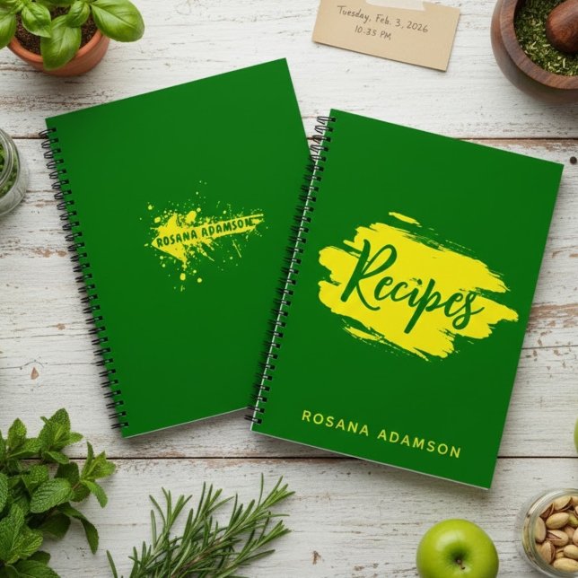 Journal de recettes vierges vert avec nom jaune  (kitchen organization gift, forest green stationery, personalized gift for cook)
