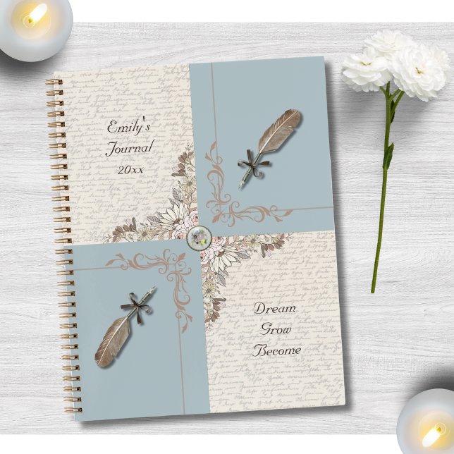 Journal de réflexion à motif floral et plume de co (Give Mom the gift of a quiet moment. This beautiful blue journal is perfect for her reflections)