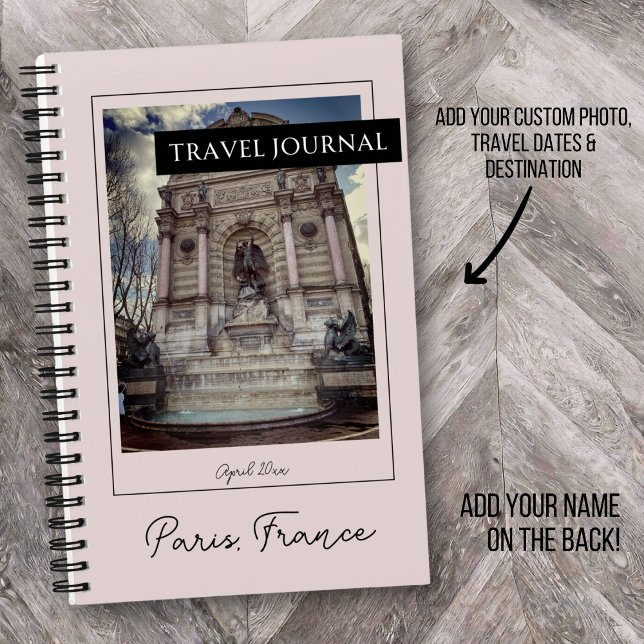 Journal de voyage de couverture personnalisé | Ros (Pink and black travel journal with custom photo & personalized travel destination and travel dates.)