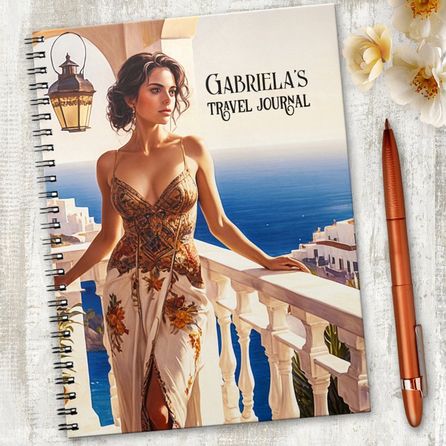 Journal de voyage exotique d'été (Notebook featuring an elegant lady on a balcony overlooking the ocean. Great for travel notes.)