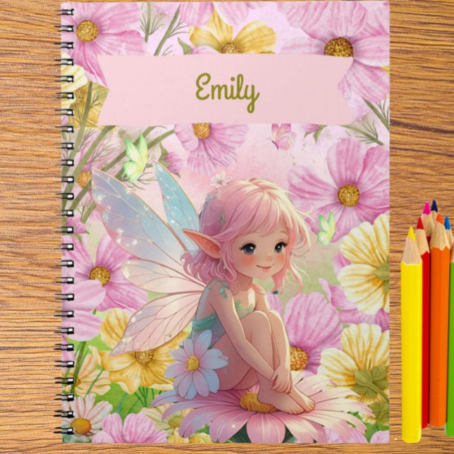 Journal d'histoires personnalisé pour écrire et de (Personalized Pretty Pink Fairy and Flowers Journal – Custom Name Notebook for Girls)