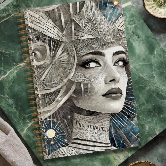 Journal féminin divin (Divine feminine journal featuring a collage style black and white image of a mystical woman.)