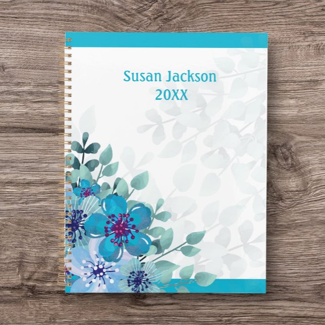 Journal floral turquoise personnalisé/ (Personalized Journal/ Planner for a gift or your own enjoyment. Pretty Floral design.)
