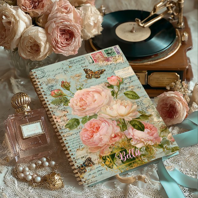 Journal Intime Antique Bleu Floral Romantique (Antique Blue Floral Tarnished Junk Journal Notebook )