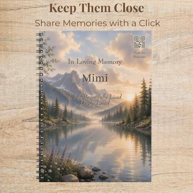 Journal Mémorial des Eaux Calmes avec QR Code (Elegant memorial journal with custom QR code and peaceful watercolor mountain lake artwork.)