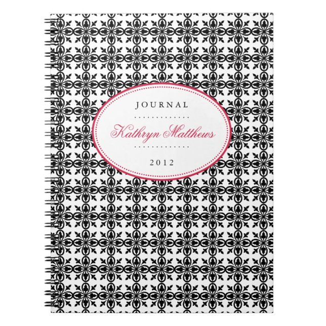 Journal ovale rouge à motif filigrané noir et blan (Devant)