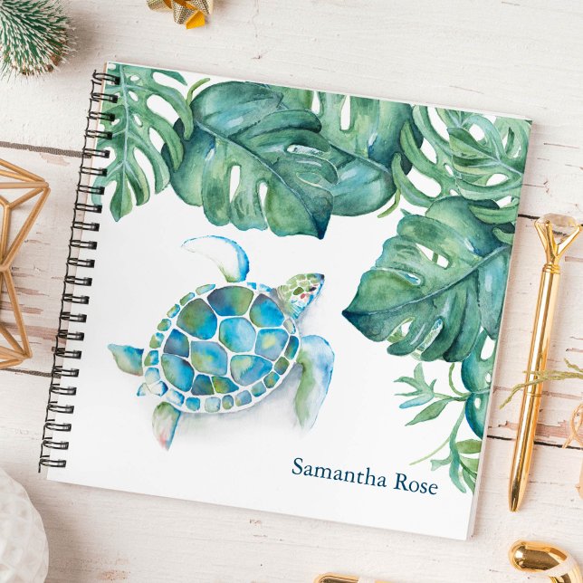 Journal personnalisé de la tortue marine aquarelle (Notebook personalized watercolor sea turtle and palm leaf art by Victoria Grigaliunas)