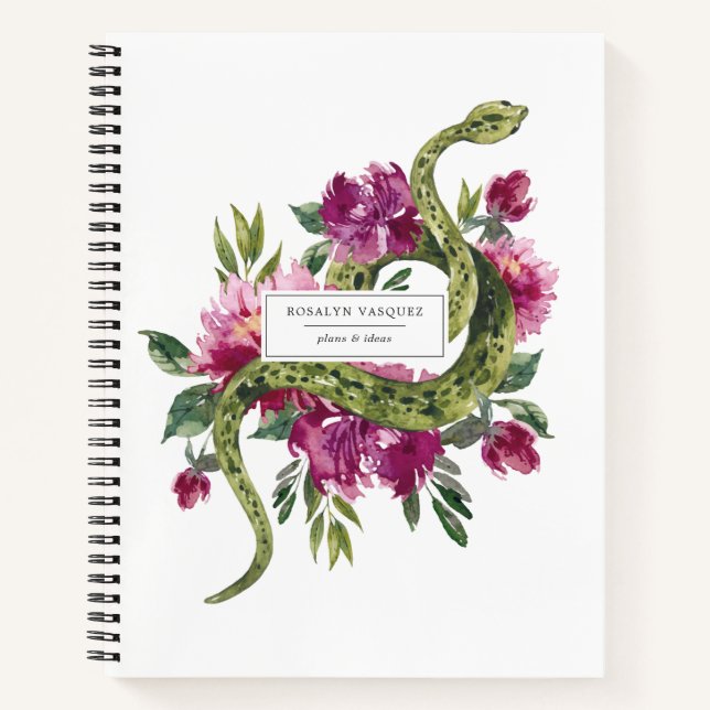 Journal personnalisé Serpent aquarelle & floral (Devant)