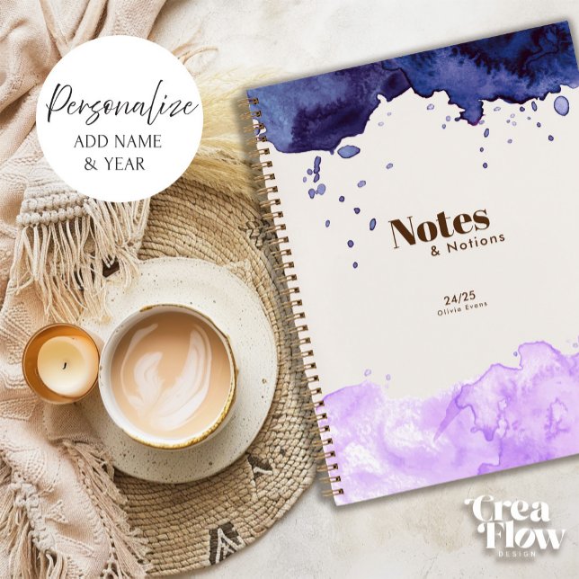 Journal quotidien Marine & Lavender Watercolor (Elegant daily notebook with Navy and Lilac watercolor cover design. All wording can be personalized)