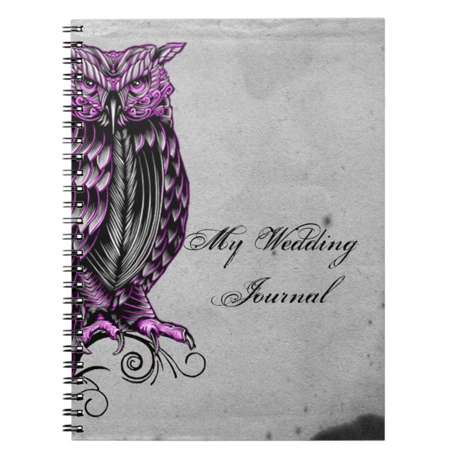 Journal snob de mariage de hibou gothique pourpre (Devant)