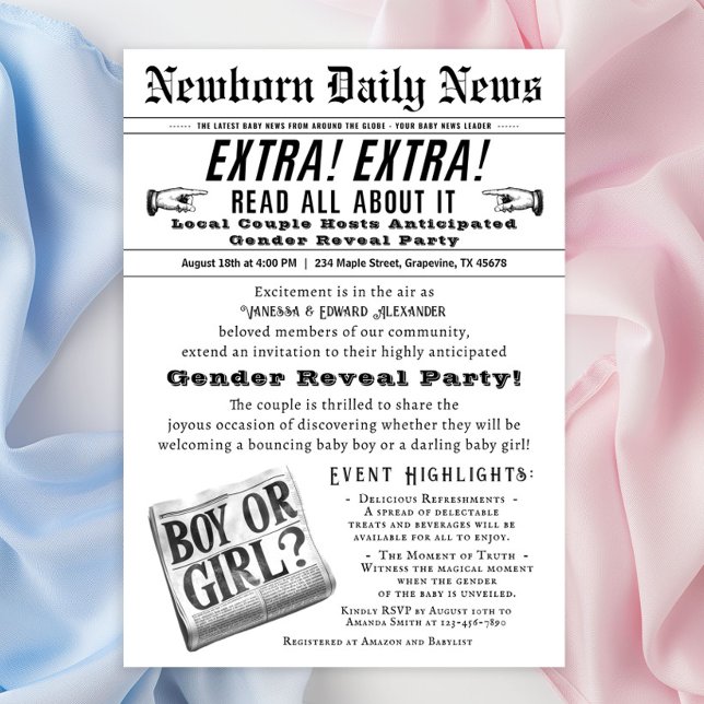 Journal vintage Genre Reveal Party Invitation (Cute vintage newspaper gender reveal invitation - a fun way to invite your guest for the big reveal!)