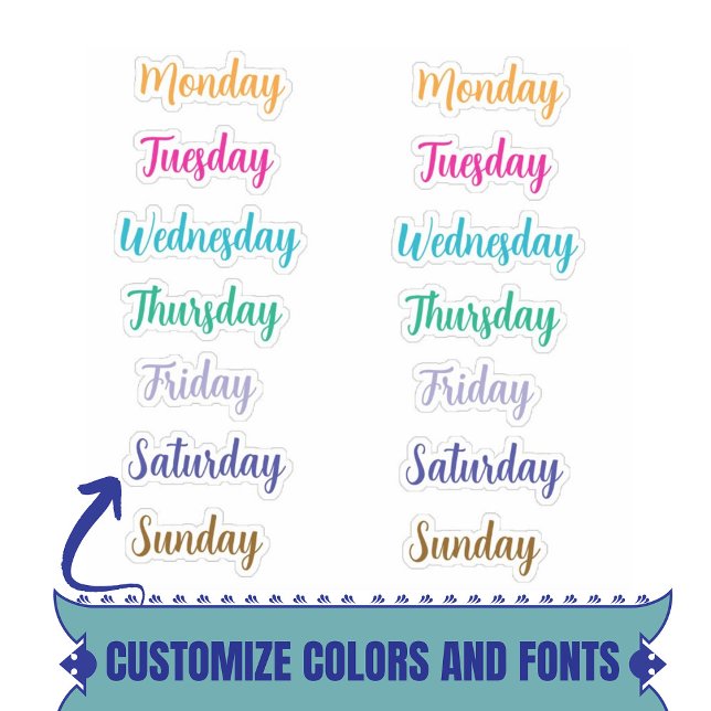 Jours de la semaine Stickers décoratifs personnali (Day of The Week Decorative Custom Stickers Monday to Sunday for Planners, Journals, Labels.)