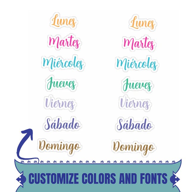Jours de la semaine Stickers Espagnol Custom (Days of The Week Spanish Custom Stickers Lunes a Domingo)