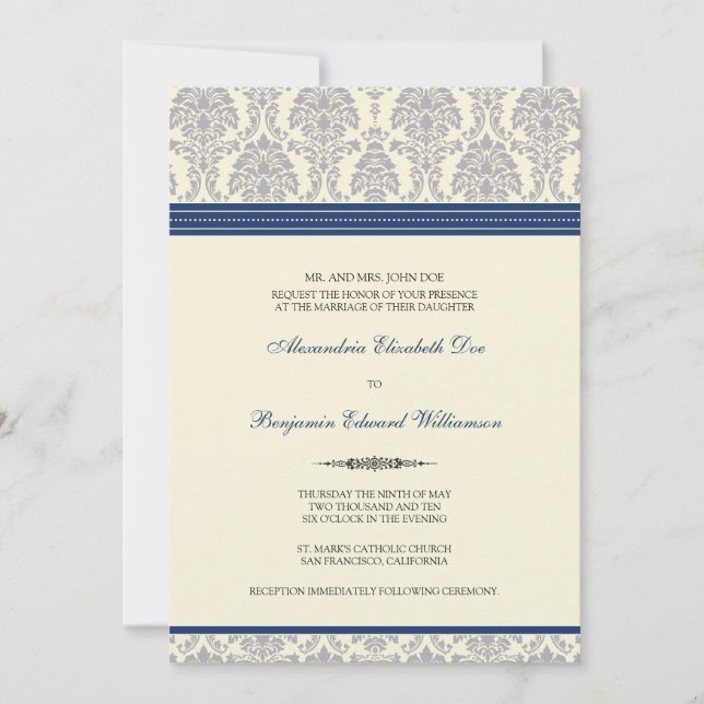 Jovely Mariage damassé Invitation (marine/crème) (Devant)