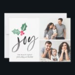 Joy Brush Script Holiday | Noël 2 Cartes photos<br><div class="desc">Cette carte de collage photo Holiday est tout simplement élégante et fait une déclaration audacieuse avec sa simplicité et son sentiment. Le design est minimaliste et artistique avec de la joie inscrit dans le lettrage de brosse, et dispose de notre exclusive peinture à la main sainte aquarelle et aquarelle brosse...</div>