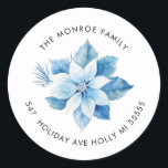 Joy Christmas Blue Poinsettia Adresse Sticker<br><div class="desc">Joyeux Noël bleu poinsettia design</div>