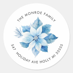 Joy Christmas Blue Poinsettia Adresse Sticker