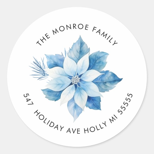 Joy Christmas Blue Poinsettia Adresse Sticker (Devant)