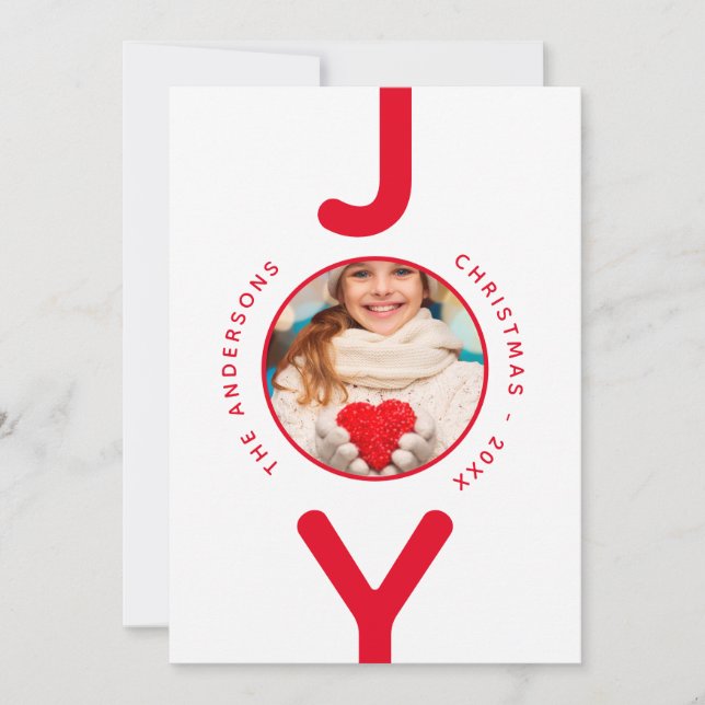 Joy Christmas photo blanc rouge simple carte (Devant)
