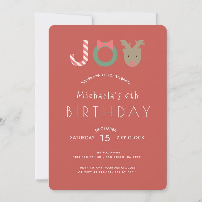 JOY Cute Reindeer Red Anniversaire Fête Invitation (Devant)