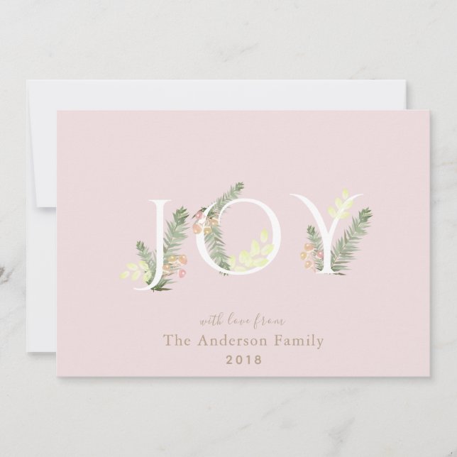JOY Green Floliage Blush Pink Carte de Noël (Devant)