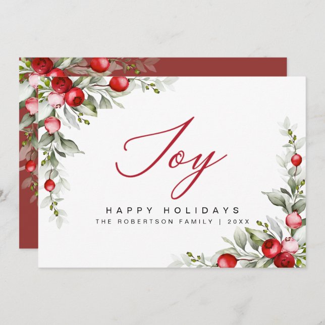 Joy Happy Holidays Botanical Berry Greeting Card (Devant / Derrière)
