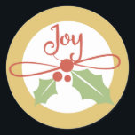 Joy Holly Stickers Gold et Red Christmas<br><div class="desc">stickers de Noël avec un arrière - plan d'or,  circulaire blanche avec une pointe de saint avec des baies rouges et ruban et le texte rouge qui dit Joy! Nous avons aussi des cartes photos de vacances,  des étiquettes de adresse et des timbres-poste correspondants!</div>