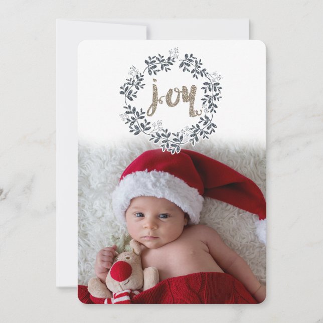 JOY Leaf Wreath Rustic Festive Carte photo de vaca (Devant)