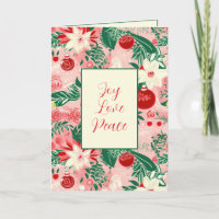 Joy Love Peace Pink Red Floral Carte de Noël