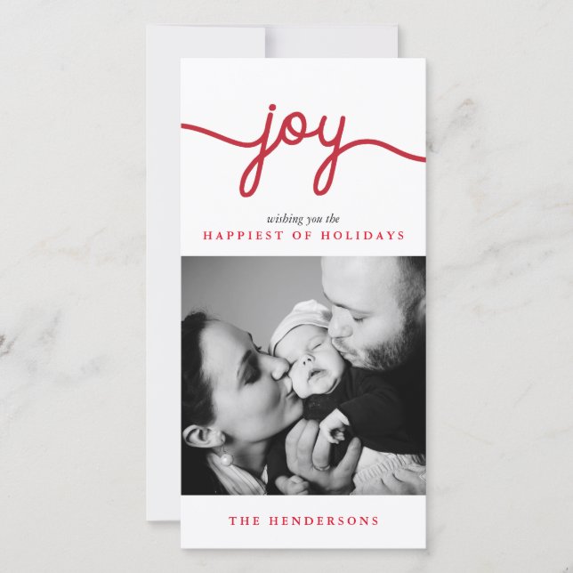 Joy Red Modern Script Carte photo de Noël (Devant)