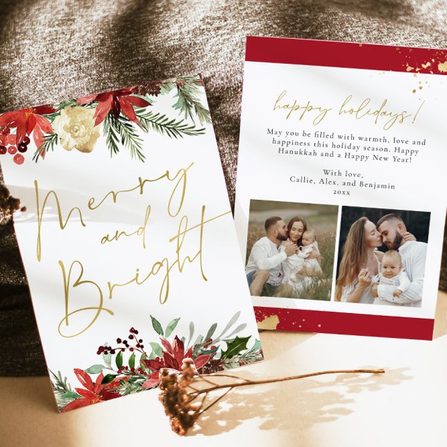 JOY Rouge Floral Poinsettia Gold Photo Carte de va (Créateur téléchargé)