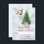 Joy Typography | Christmas Llama RSVP<br><div class="desc">Une carte RSVP de Noël avec une drôle d'illustration. Un mignon lama portant des lunettes de soleil noires et un chapeau de santa rouge. Derrière un sapin de Noël avec des cadeaux festifs. Le mot Joy écrit au-dessus de sa tête dans une police de vacances colorée. Arrière - plan de...</div>